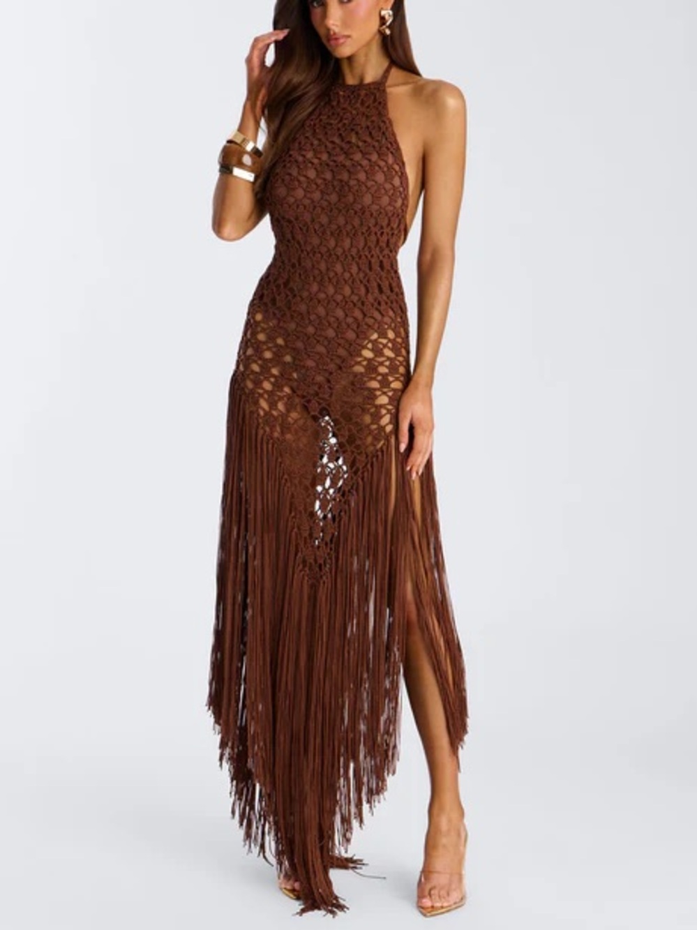 Fashion Nova Brown Crochet Halter Fringe Maxi Dress